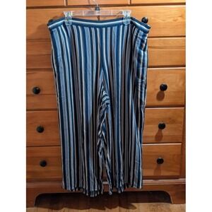 Coldwater Creek 18W Striped Pants Wide Leg Viscose Blue Tan Elastic Waist